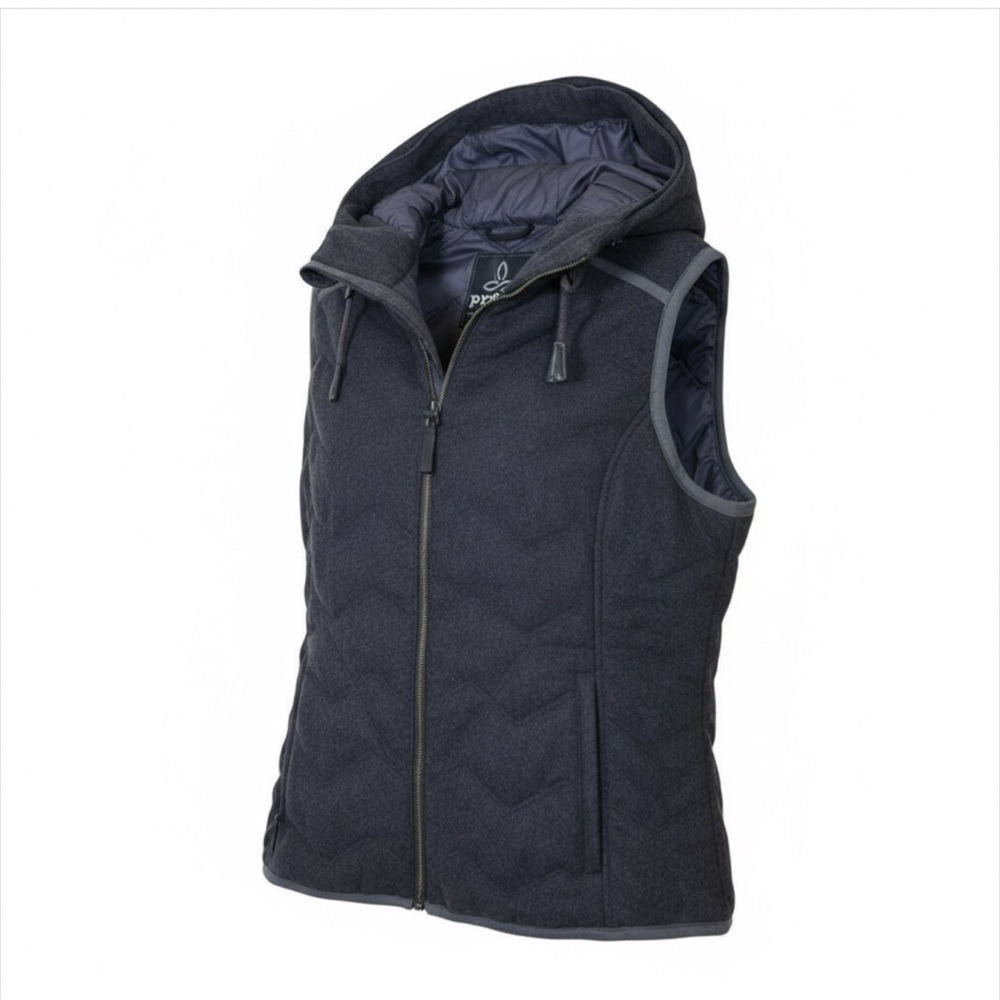 prAna Womens Wool Blend Quilted Hooded Vest Gray Zip Front Fall Winter Layer L